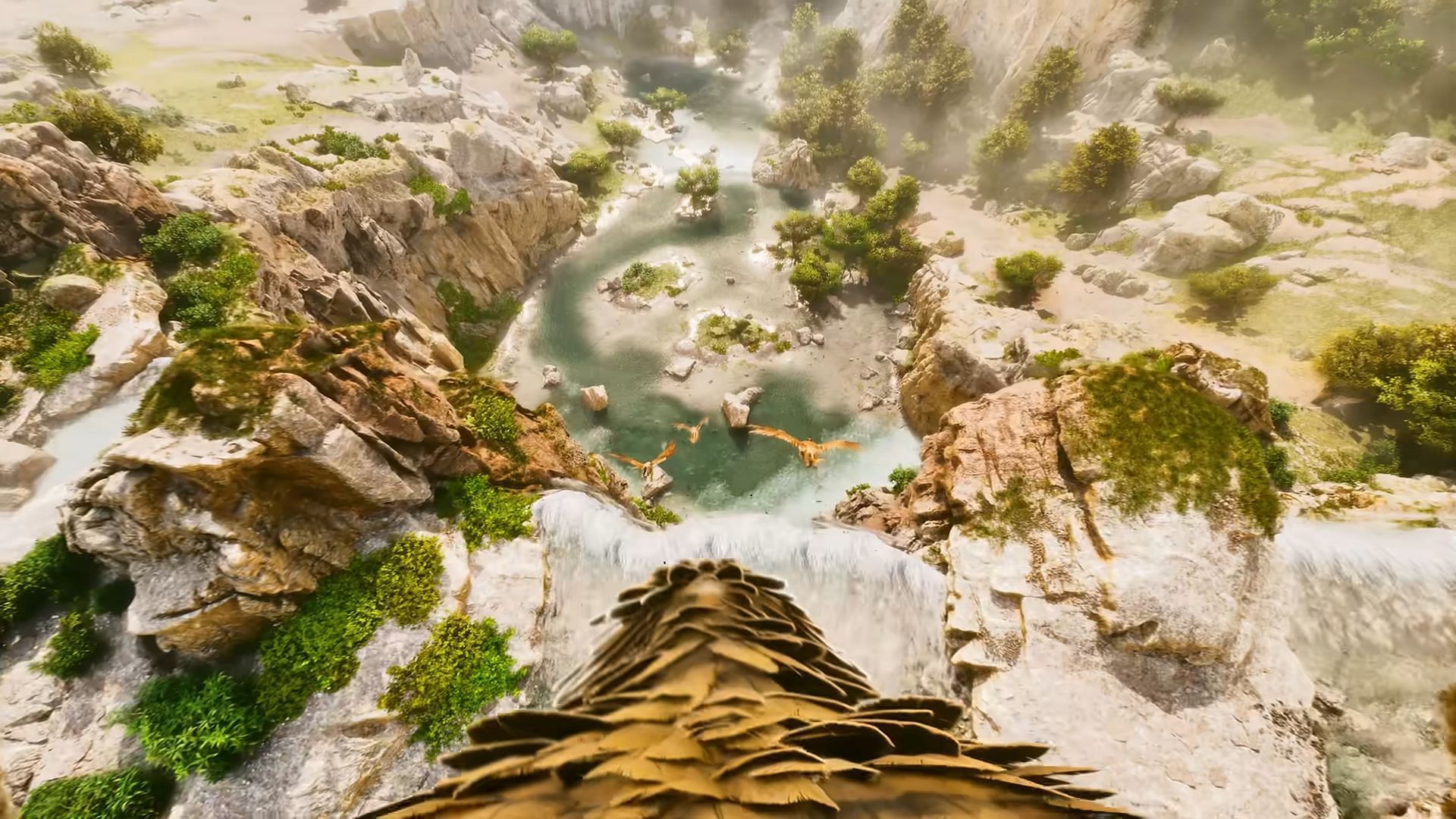 Waterfall with hidden cave in Ark Survival Ragnarok (Image via Studio Wildcard)